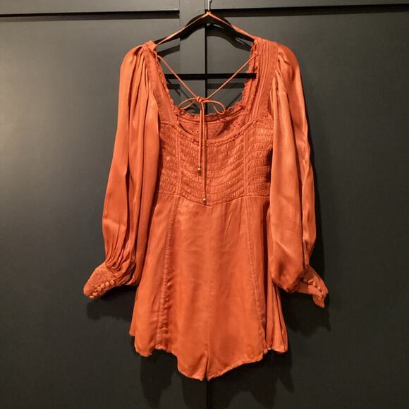 Free People Farrow Boho Romper Playsuit Viscose Terra Orange Long Sleeve US 2 - Picture 4 of 11